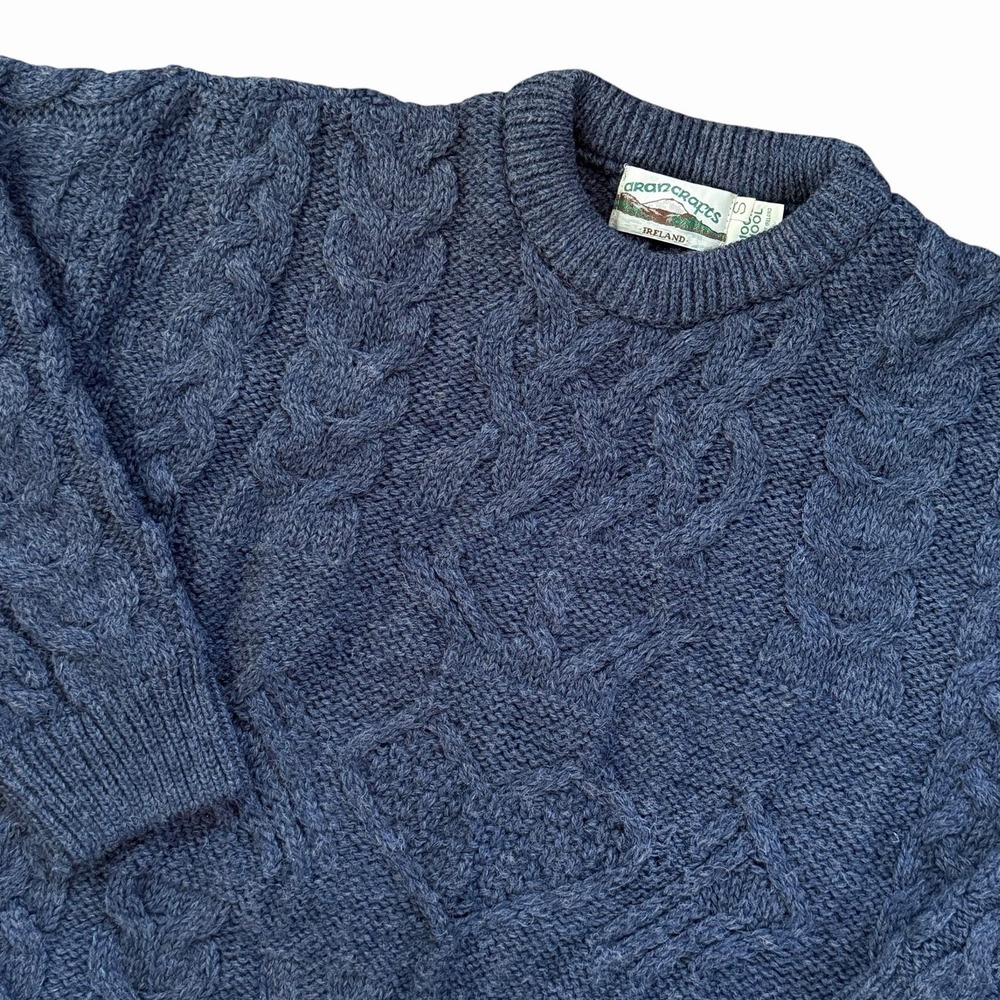 Vintage Aran Crafts Womens 100% Wool Sweater S Navy Cable Knit Ireland Fisherman